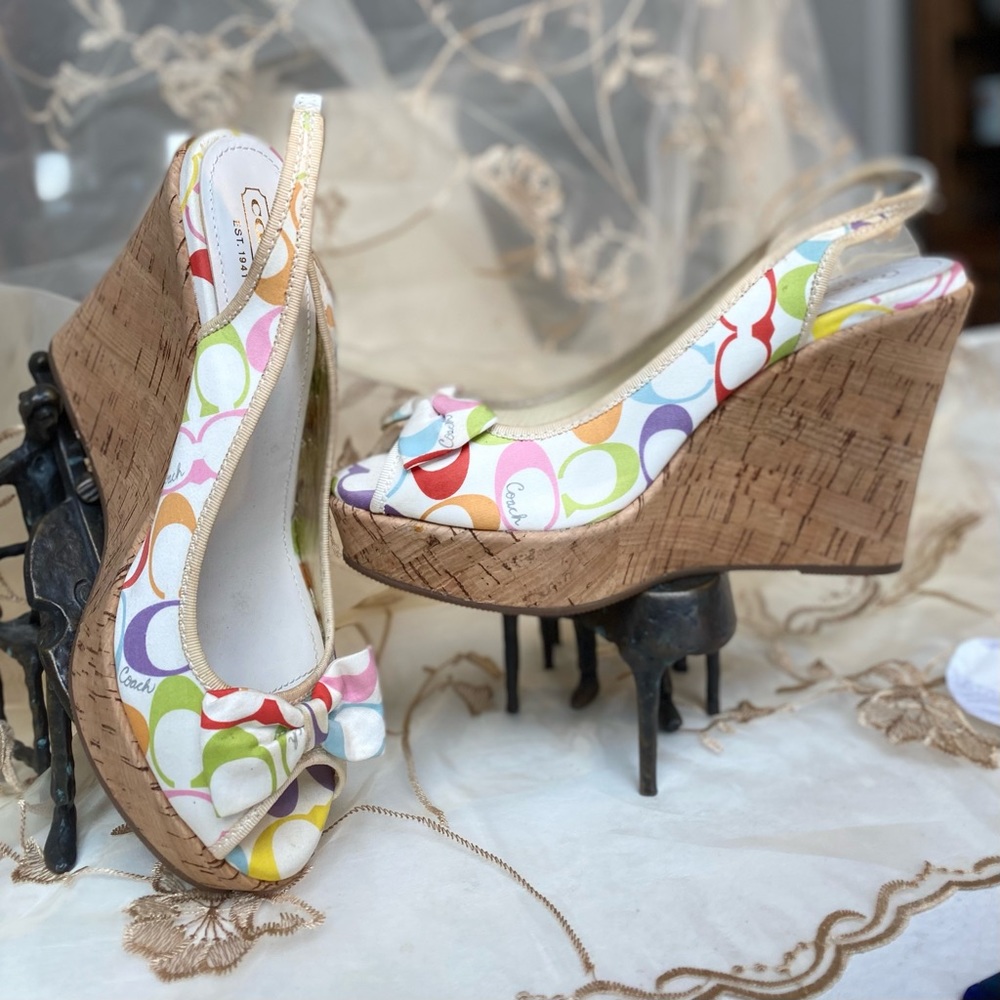 COACH Gwynnie Signature 4.5" Cork Wedge Slingback Sandals Multi Pastel with Bow.